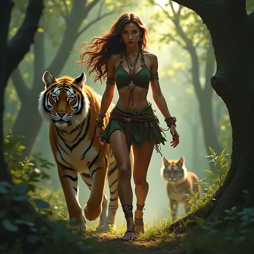 In the heart of a dense, ancient forest, where the trees stretch endlessly toward the heavens and the air hums with primal energy, a figure emerges from the shadows. She is a Wildborn, her human form subtly touched by the essence of the wild, her lithe frame adorned with faint, tiger-like stripes that shimmer in the dappled sunlight filtering through the canopy. Her eyes, a piercing amber, glow with an inner fire, reflecting the untamed spirit of the wilderness. Her hair, a cascade of dark chestnut waves, falls freely down her back, interwoven with small feathers and beads that speak of her deep connection to nature. Her face is fierce yet alluring, with high cheekbones, a sharp jawline, and full lips painted a deep, earthy red. Her ears, slightly pointed, twitch at the faintest sounds of the forest, and her nose, small and slightly upturned, flares as she inhales the scent of the earth.

She is a Beast Master Ranger, a master of the wild, and by her side strides a massive, sleek panther, its fur as black as midnight, its eyes glowing with the same primal energy that courses through her veins. The panther moves with silent grace, its muscles rippling beneath its dark coat, a perfect extension of her will. She wears a revealing yet practical outfit, a blend of leather and fur, designed for both mobility and protection. Her top, a form-fitting leather corset, is laced tightly across her torso, accentuating her curves while leaving her shoulders and midriff bare. The leather is dyed a deep forest green, adorned with intricate patterns of vines and leaves that seem to shift and move as if alive. Her arms are wrapped in leather bracers, etched with runes that glow faintly with primal magic. Around her neck hangs a necklace of animal teeth and claws, trophies from her hunts, and a small pouch at her hip holds herbs and potions for healing.

Her lower body is clad in a skirt of layered leather strips, each one dyed in shades of brown and green, allowing for maximum movement while still providing some protection. Beneath the skirt, she wears tight-fitting leggings of a dark, earthy hue, blending seamlessly with the forest floor. Her boots, made of supple leather, are laced up to her knees, the soles soft and silent as she moves through the underbrush.

The scene around her is alive with the sounds and scents of the forest. The trees, ancient and towering, their bark rough and gnarled, stretch endlessly in every direction. The air is thick with the scent of moss and damp earth, and the faint rustle of leaves whispers secrets of the wild. A small stream winds its way through the forest, its waters crystal clear, reflecting the dappled sunlight that filters through the canopy. Birds chirp in the distance, their songs a symphony of life, while the occasional growl of a predator echoes through the trees, a reminder of the untamed nature of this place.

The overall color palette is a rich tapestry of greens, browns, and golds, evoking the essence of the forest. The light, filtered through the leaves, casts a soft, golden glow over the scene, highlighting the Wildborn’s features and the sleek form of her panther companion. The atmosphere is one of both danger and beauty, a place where life and death are intertwined, and where the Wildborn reigns supreme.

This is not just a portrait; it is a glimpse into the heart of the wild, a testament to the power and grace of the Beast Master Ranger and her bond with the natural world. It is a scene of epic proportions, where the line between human and beast blurs, and where the primal energy of the forest comes alive in the form of a fierce, untamed warrior.

soft pastel anime, Magic style, mythp0rt, DB4RZ