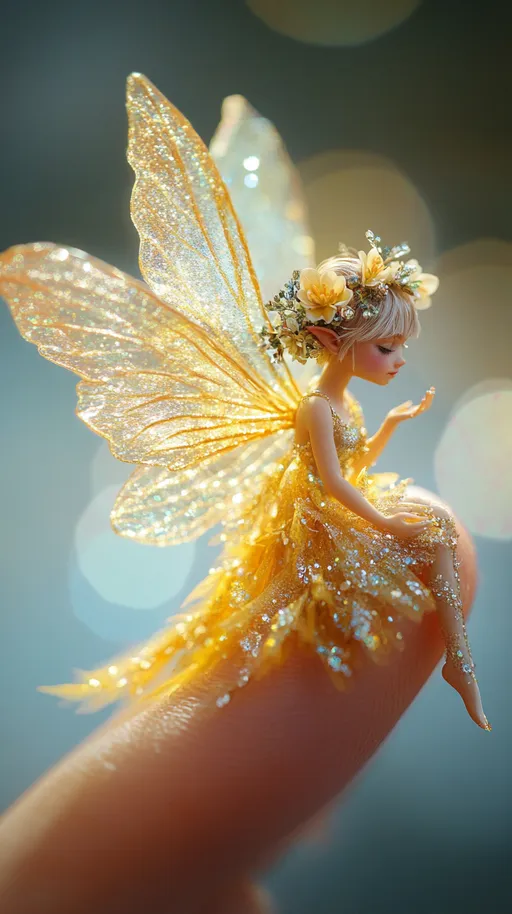 Close-up shot of a tiny fairy sitting on the index finger, with large transparent wings, wearing an incredibly beautiful shimmering yellow dress that sparkles and glows, and a floral crown on her head. The scene is magical and ethereal, with soft lighting that highlights the fairy’s delicate features and intricate details of her outfit and wings. Realistic