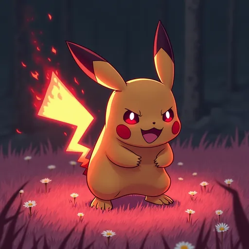 Evil red fire pikachu attacking the viewer from pink grass with small white flowers,soft pastel anime, dark horror fantasy theme, dark