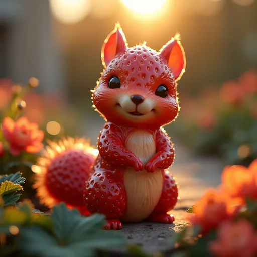 A cinematic shot of a strawberry-shaped squirrel sitting in a garden during golden hour. The squirrel is made entirely of strawberry coating, with each part resembling the shape and texture of strawberry skin, and has a hard and shiny surface. The squirrel is cute and has a serene expression. The background contains a blurred array of flowers and subtle architectural elements. The warm sunlight gently illuminates the squirrel's body, creating a magical contrast against the cool, sunlit background.