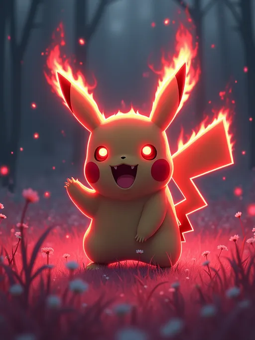 Evil red fire pikachu attacking the viewer from pink grass with small white flowers,soft pastel anime, dark horror fantasy theme, dark