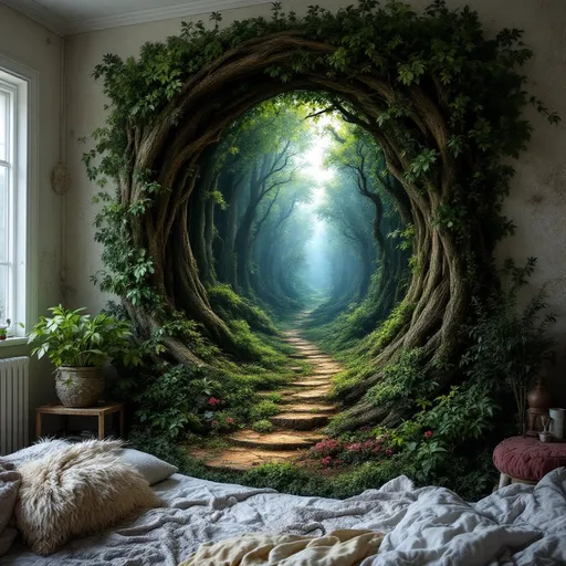 a portal into a mythical forest on the wall of my small messy bedroom