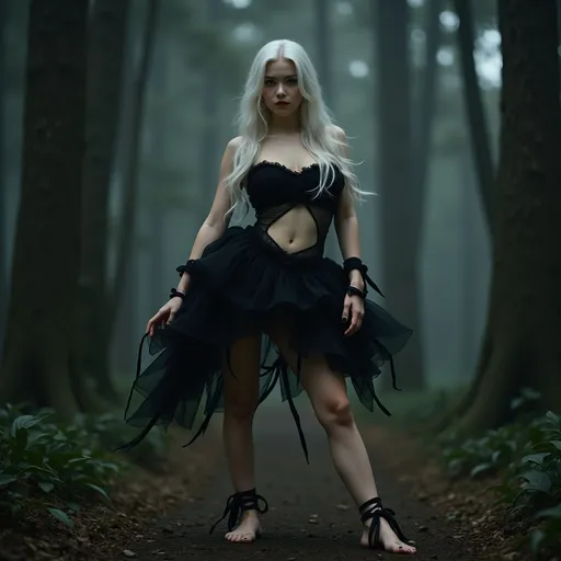 cinematic photo of a sexy character.  A beautiful young woman with long white hair stands gracefully in a dark forest. She is wearing a short, black, strapless, sleeveless, shoulder-less frilly mini-dress inspired by a wuxia style, featuring a midriff window that exposes her bellybutton and emphasizes her cleavage. Her outfit is complemented by black ribbons adorning her wrists, ankles, arms, and thighs. She is barefoot, with black-painted toenails and fingernails. Her pale skin contrasts elegantly with her dark attire, and her bare feet, hands, arms, and legs give her an ethereal and striking appearance. The high-quality photograph captures every detail of the scene, creating a masterpiece that highlights her seduction and the mysterious atmosphere of the dark forest.