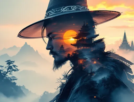 masterpiece, double exposure, silhouette of oriental fantasy mage, mage hat, image of face and neck, filled with a fantasy oriental castle at sunset, highest definition, HD32K, wallpaper, crisp lines, not spilling over the outline, double exposure background, hyperdetailed, concept art, detailmaximizer