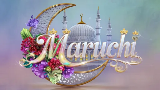 A 3D render of an Islamic crescent moon design with a mosque inside. The crescent is adorned with vibrant, realistic flowers and exquisite detailing. The mosque has a large dome and minarets, decorated with captivating carvings and patterns. The name "Maruchi" is elegantly displayed in luxurious, opulent white lettering, with a luminescence from gold peridot, further enhanced by swirls, hearts, and golden crowns adorning each letter. The background is a soft pastel blue gradient.