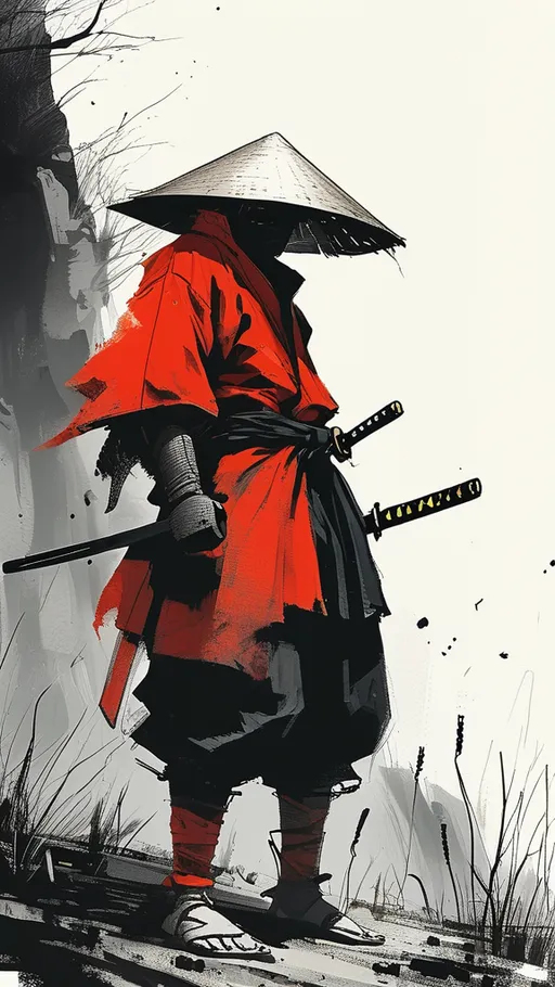 print style, line art, illustrations, samurai, ink style, black and red color matching