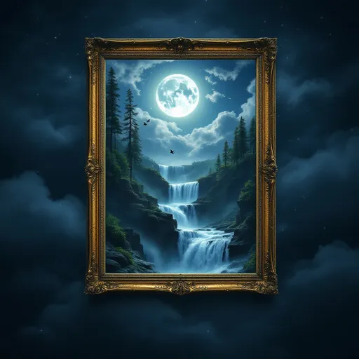 This image is a digitally manipulated dark fantasy photograph of a night sky with a surreal, dreamlike quality. An open old golden frame can be seen in the middle of the cloudy sky image. Not a single wall is visible outside the golden frame. 
In the frame itself we see a magical miniature huge waterfall flowing into a raging river, tall trees, 2 birds fly out of the window. 
The river pours powerfully and massively over the lower frame! Extending to the bottom edge of the picture.
The sky framing the entire frame has a few delicate clouds and a full illuminating moon who gives the picture a bokeh atmosphere. 
Inside the golden frame we can see the magical miniature waterfall landscape. The outside of the frame is a cloudy night sky with occasional delicate clouds. Not a single wall or wall is visible! Outside the frame, we see a cloudy sky in magical moonlight with occasional delicate clouds. This gives the image a very surreal and imaginative quality. mythp0rt, highly detailed, award winning, masterpiece