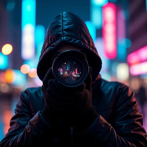 A mysterious hooded photographer stands in the heart of a neon-lit city at night, his face completely obscured by the large camera lens aimed directly at the viewer. The hood casts deep shadows over his face, making the glowing reflections in the lens the only visible âeyes.â The background is an explosion of vibrant bokeh lightsâsoft, blurred circles of electric blues, neon pinks, fiery oranges, and deep purples from the bustling urban streets. Raindrops glisten on his jacket, catching the city lights. His gloved hands grip the camera firmly, the lens reflecting distorted images of the chaotic metropolis behind him. The scene is cinematic, evoking mystery, intrigue, and the feeling of being watched yet unseen.