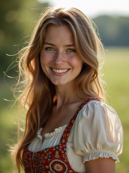 8k, hdr, hyper-realistic, cinematic quality, masterpiece, perfect sharpness, soft focus, texture-rich, vibrant saturation, color accuracy, visual precision, optical accuracy, noise-free, refined clarity, subtle gradations, scenic beauty, reflections, dynamic pose, long soft neat hair, soft smile, summer, neat clothes, cute slavic woman