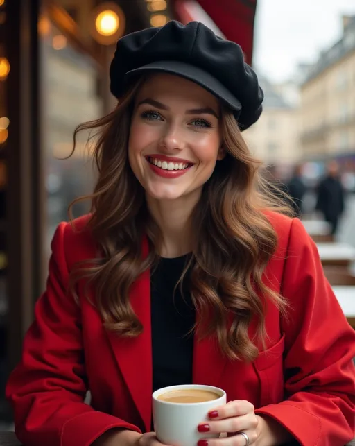 A very beautiful smiling woman called Elle wearing a wearing a fashionale red jacket, a black French beret sits in a bistro on a champs-elysee street in Paris and is holding a cup of coffee in her hands, french style, high fashion, long brown wavy hair, breathtaking beauty, fantasy, dreaming, cinematic, trending on ArtStation,  award winning, a masterpiece, black tshirt