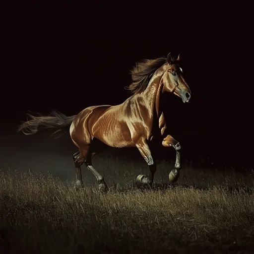 a horse at full gallop caught CCTV, at night, view from side